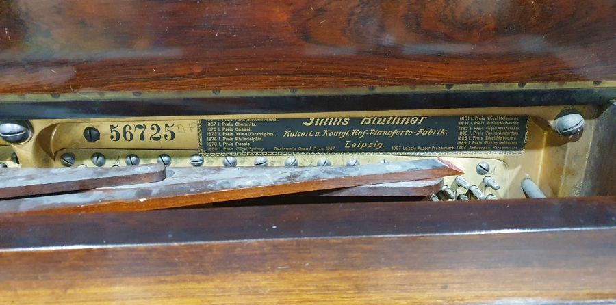 Bluthner rosewood upright pianoforte, iron-framed and overstrung, no.56725 with brass hinged - Image 4 of 5