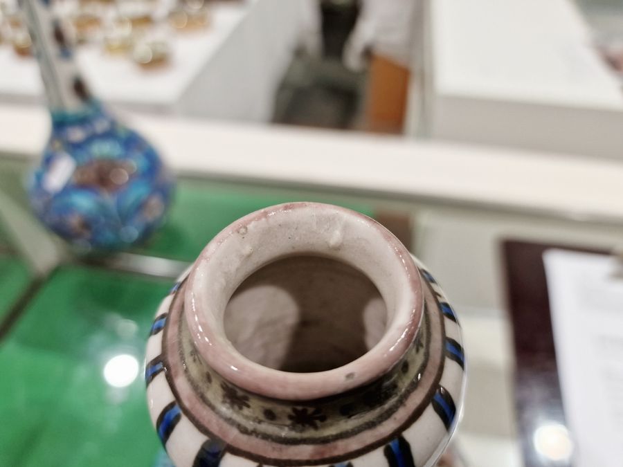 Two 19th century Persian Kajar Dynasty pottery vases, the first bottle-shaped painted with birds - Image 18 of 26