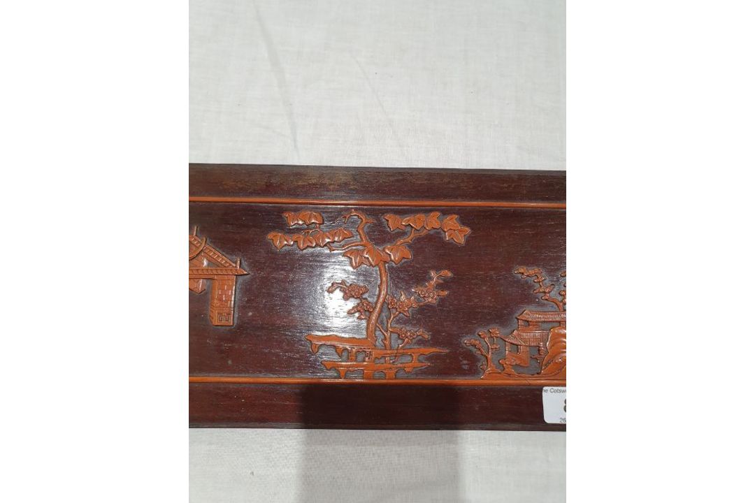 Set of three lacquered carved wood panels of figures and musicians in lakeside gardens, others - Image 3 of 26