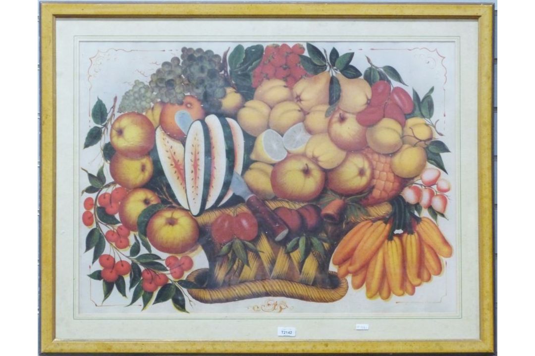 Colour print still life showing fruit with a melon being cut, cherries, grapes, apples, sweet - Image 1 of 2