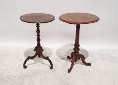Two single mahogany tripod occasional tables with circular tops and a child's rush-seated chair (3)