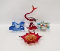 Collection of Murano-style vases and figures including a red model of a bull, a dolphin on conical