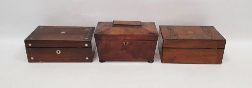 Rosewood, brass and mother-of-pearl inlaid jewellery box with fitted tray, 24cm x 14cm x 9cm,