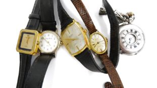 Lady's silver half-hunter fob watch with black enamel Roman numerals and bow-pattern suspender, a