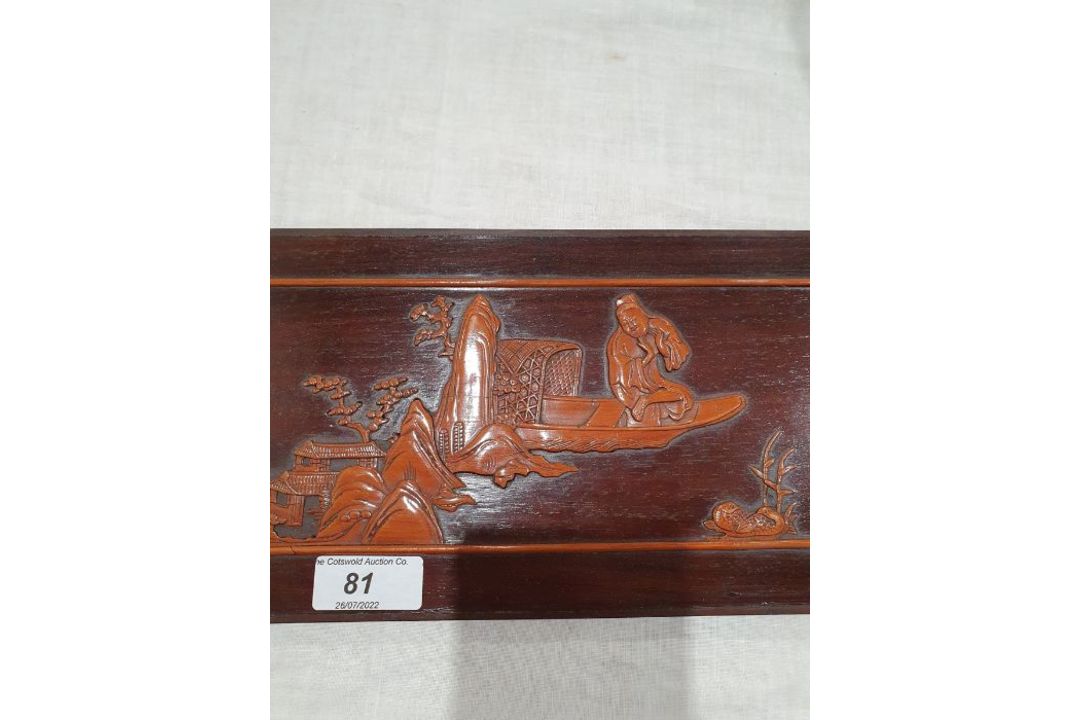 Set of three lacquered carved wood panels of figures and musicians in lakeside gardens, others - Image 4 of 26
