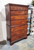 Georgian chest on chest, the moulded cornice above three short over three long drawers, the base