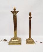 Brass table lamp formed as a Corinthian column on square base, 50cm high and another brass table