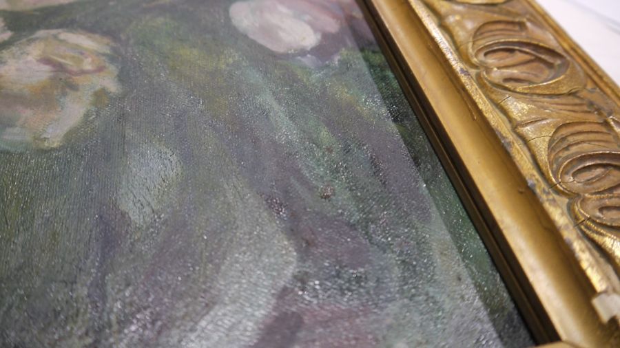 20th century school  Oil on canvas Still life study of roses and tulips, unsigned, 39cm x 49cm - Image 2 of 6