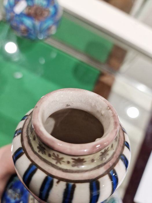 Two 19th century Persian Kajar Dynasty pottery vases, the first bottle-shaped painted with birds - Image 6 of 26