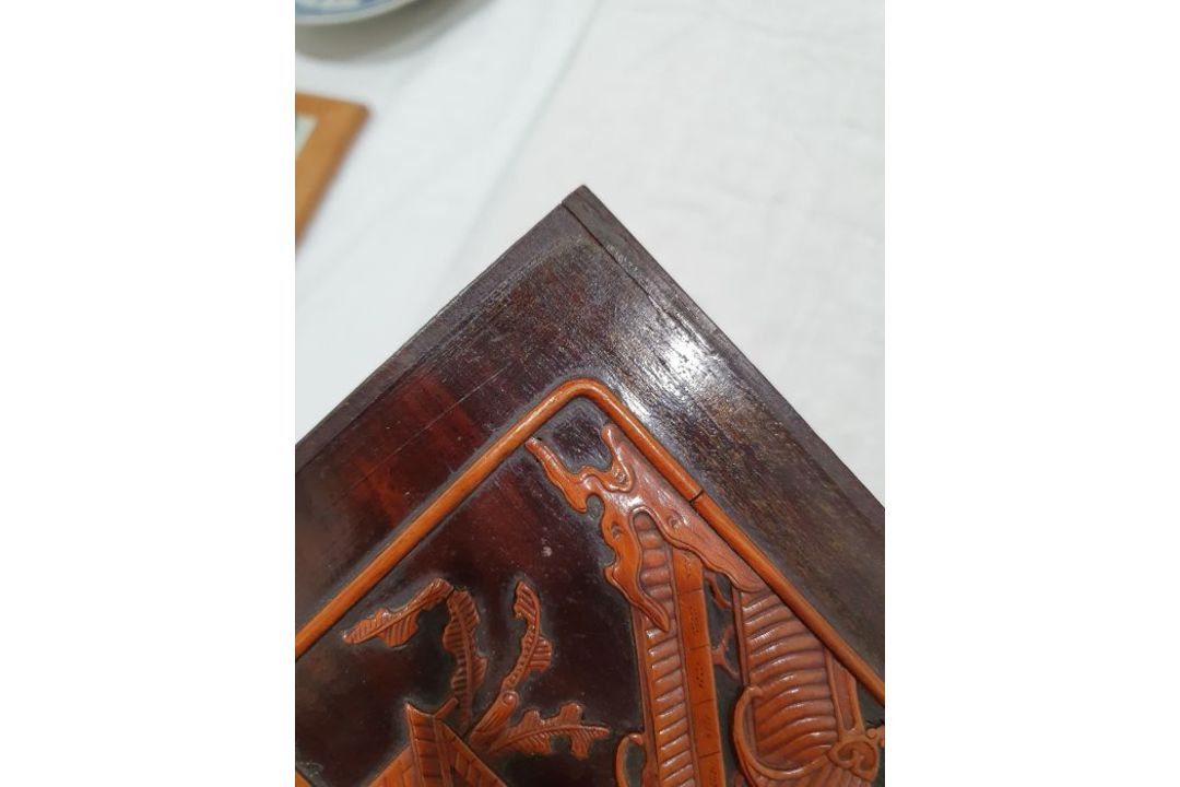 Set of three lacquered carved wood panels of figures and musicians in lakeside gardens, others - Image 26 of 26