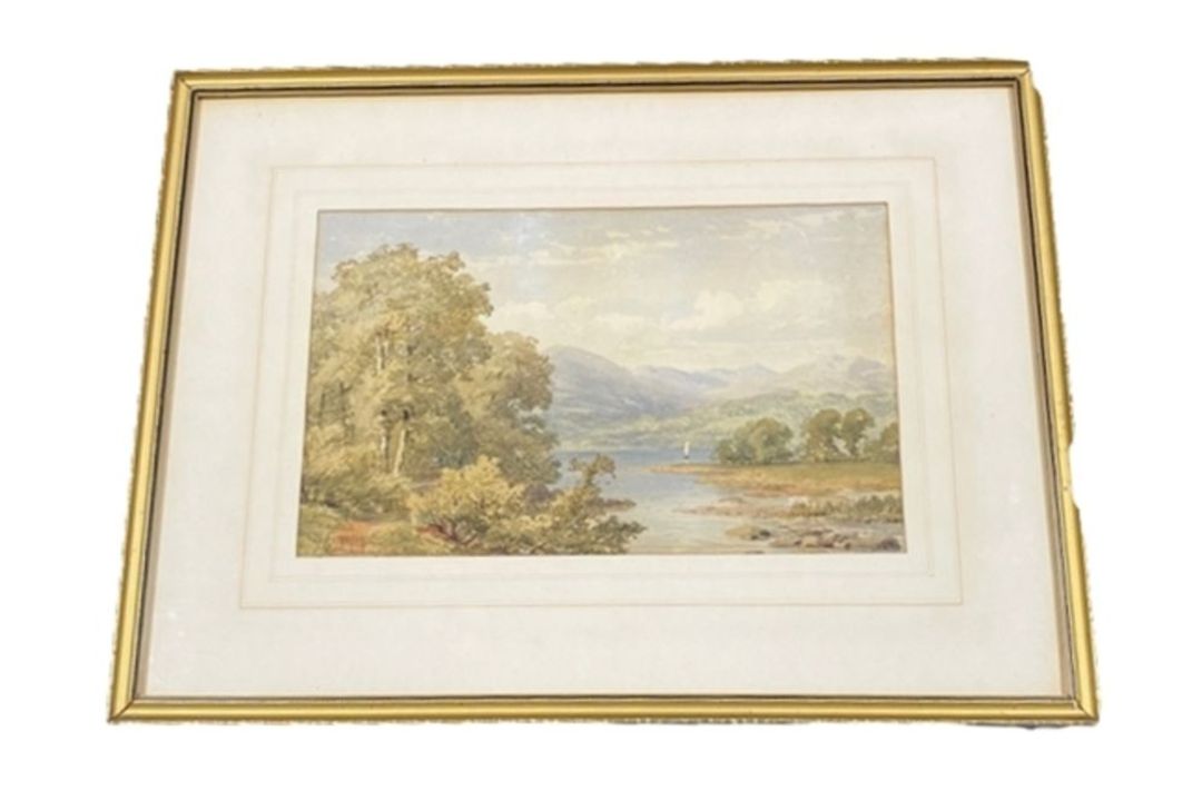 William James Ferguson (act. 1849-1886) Watercolour drawing  Lakeside landscape with single - Image 1 of 2
