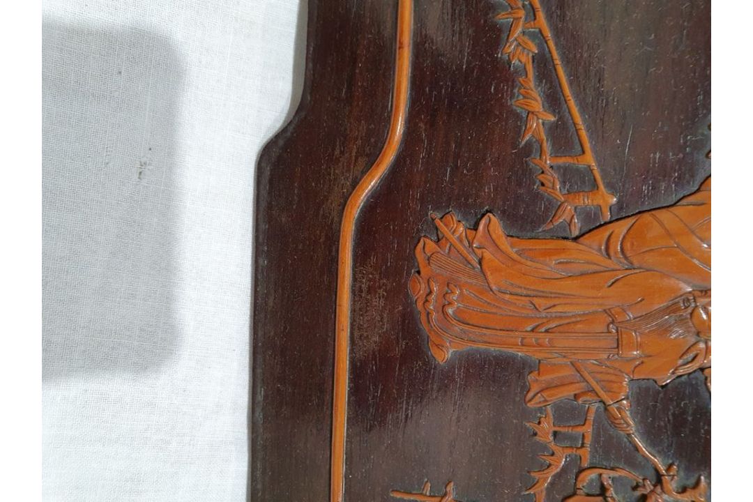 Set of three lacquered carved wood panels of figures and musicians in lakeside gardens, others - Image 18 of 26