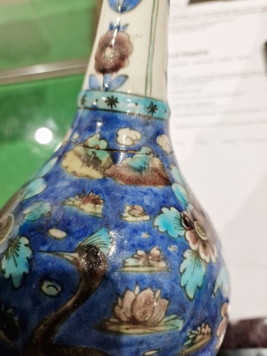 Two 19th century Persian Kajar Dynasty pottery vases, the first bottle-shaped painted with birds - Image 10 of 26