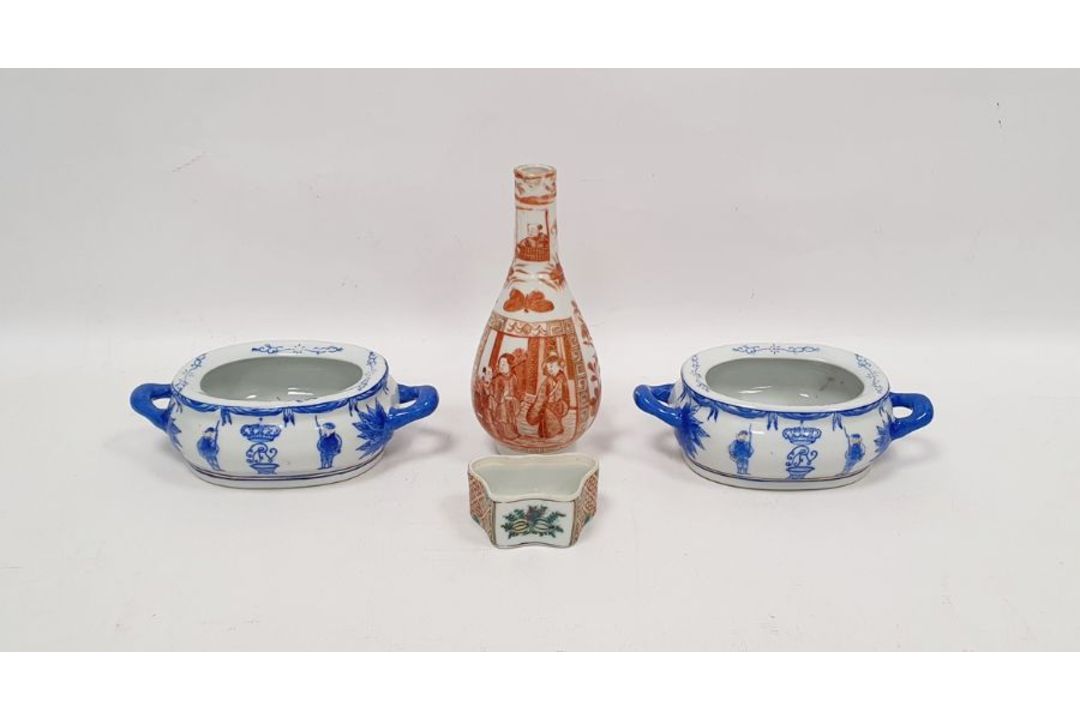 Asian porcelain iron red and gilt bottle vase painted with figures in interior within gilt key- - Image 1 of 6