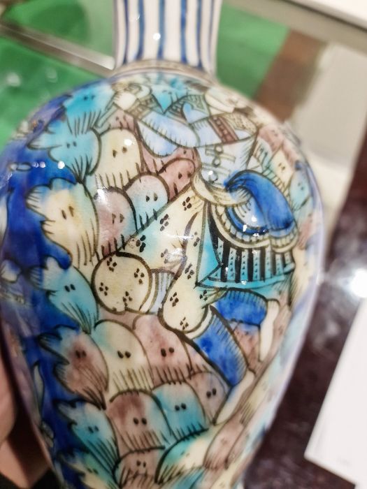 Two 19th century Persian Kajar Dynasty pottery vases, the first bottle-shaped painted with birds - Image 19 of 26