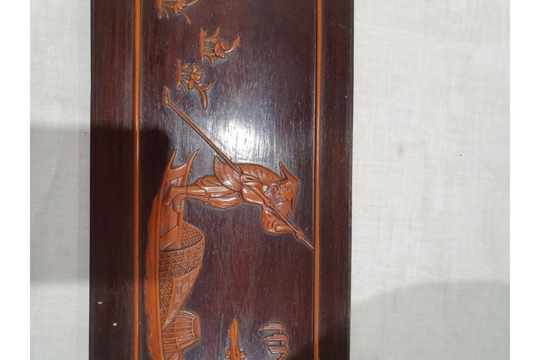 Set of three lacquered carved wood panels of figures and musicians in lakeside gardens, others - Image 11 of 26