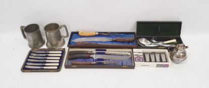 Quantity of EPNS to include Jersey milk jug, sundry table flatware, carving sets, pewter mugs,