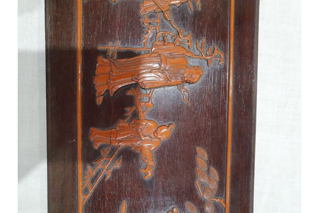 Set of three lacquered carved wood panels of figures and musicians in lakeside gardens, others - Image 19 of 26