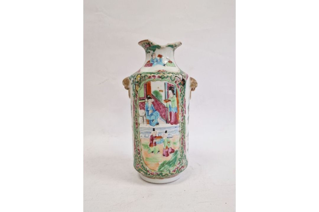 19th century famille rose Canton porcelain vase with figural decoration, ring mask handles, 19.5cm - Image 1 of 6