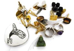 Sundry costume cufflinks, a carved jade Buddha pendant, two various silver rings, one set with