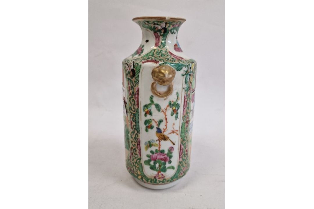 19th century famille rose Canton porcelain vase with figural decoration, ring mask handles, 19.5cm - Image 4 of 6
