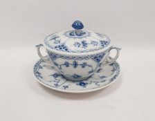 Royal Copenhagen two-handled soup cup, cover and stand painted in blue with the immortal pattern,