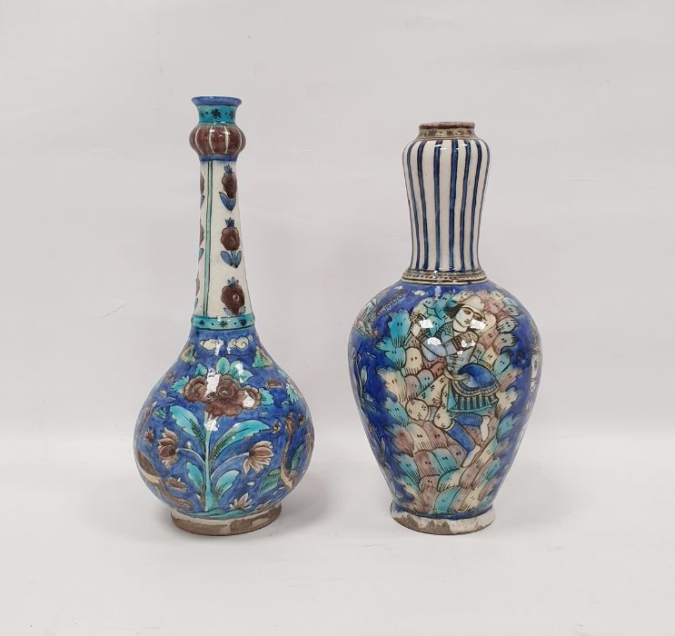Two 19th century Persian Kajar Dynasty pottery vases, the first bottle-shaped painted with birds - Image 2 of 26