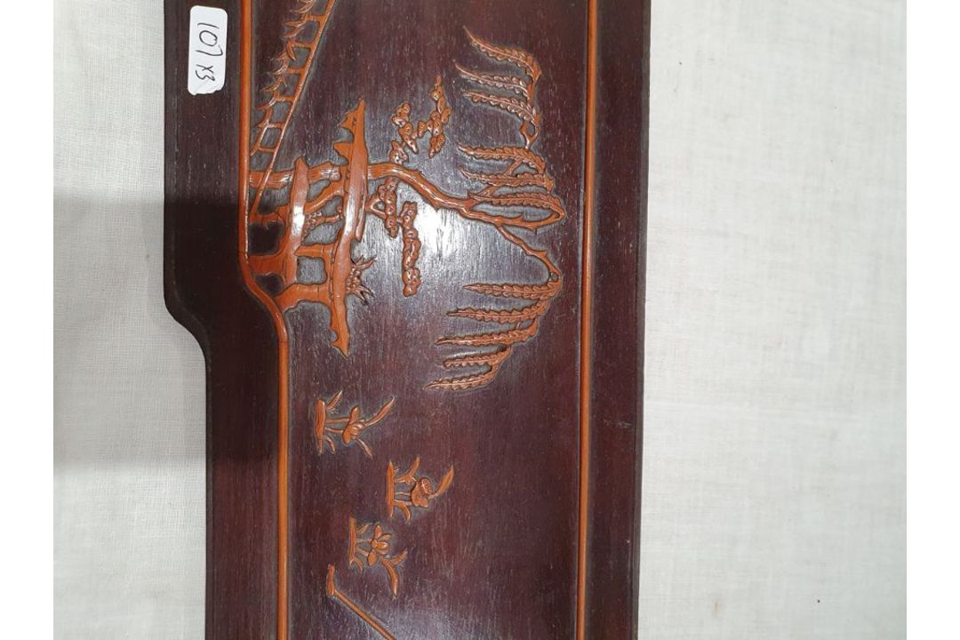 Set of three lacquered carved wood panels of figures and musicians in lakeside gardens, others - Image 10 of 26