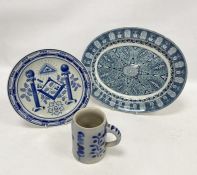 Dutch delft masonic plate painted in underglaze blue with masonic symbols, by J D van Velzen,