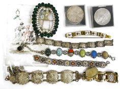 Quantity continental enamel bracelets, green and white paste oval buckle, two commemorative