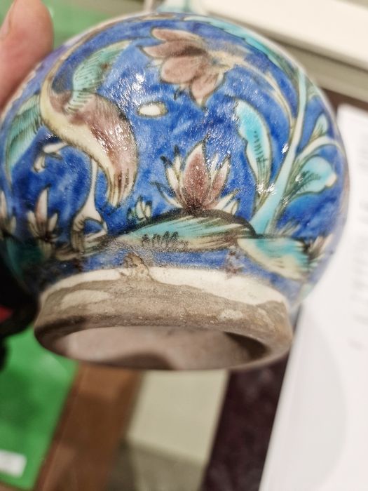 Two 19th century Persian Kajar Dynasty pottery vases, the first bottle-shaped painted with birds - Image 14 of 26