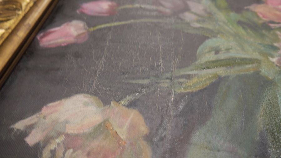 20th century school  Oil on canvas Still life study of roses and tulips, unsigned, 39cm x 49cm - Image 4 of 6