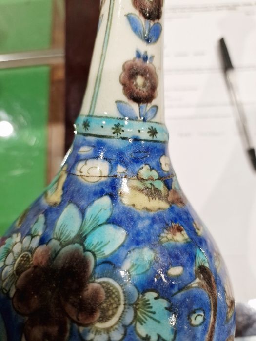 Two 19th century Persian Kajar Dynasty pottery vases, the first bottle-shaped painted with birds - Image 9 of 26