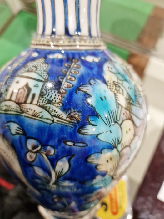 Two 19th century Persian Kajar Dynasty pottery vases, the first bottle-shaped painted with birds - Image 20 of 26