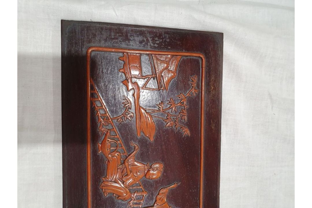 Set of three lacquered carved wood panels of figures and musicians in lakeside gardens, others - Image 8 of 26
