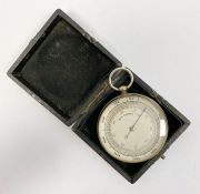 Early 20th century chrome cased pocket barometer, unmarked, in a square leather case, 5.2cm diam.
