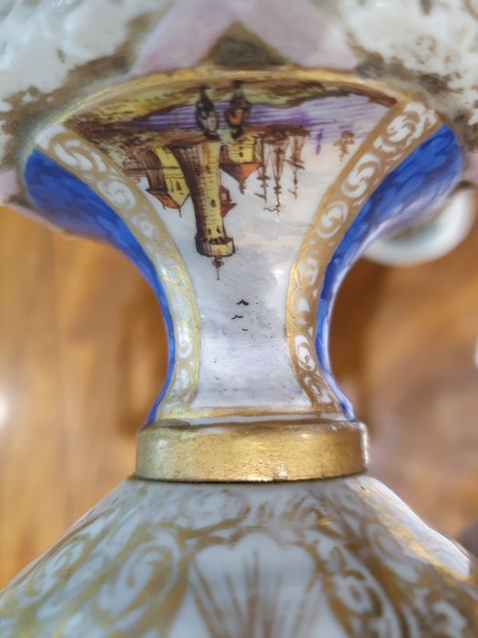 Pair antique Dresden covered pot-pourri vases, each with wreath ribbon ring handle to the - Image 30 of 36