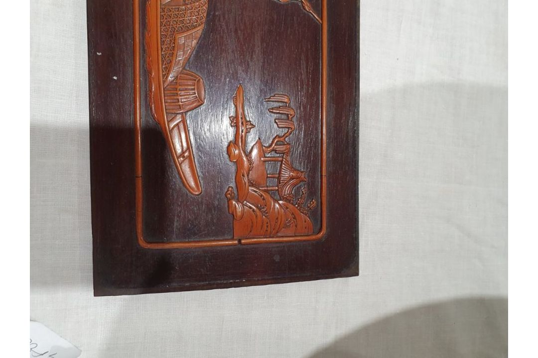 Set of three lacquered carved wood panels of figures and musicians in lakeside gardens, others - Image 12 of 26