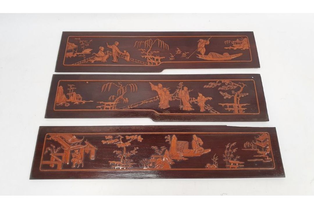Set of three lacquered carved wood panels of figures and musicians in lakeside gardens, others - Image 1 of 26