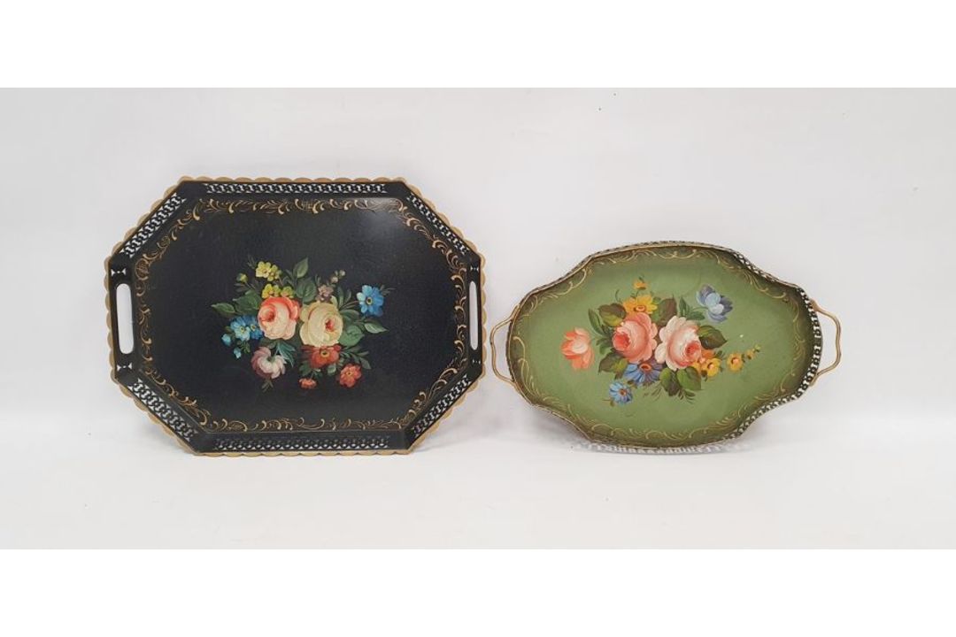 Two tin trays decorated in the Barge fashion, both with galleried edges (2) - Image 3 of 4