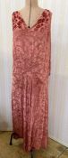 1920's/30's orange cut velvet evening gown with drop waist, the skirt cut on the bias, the sleeves