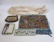 Petitpoint vintage evening bag with gilt patterned frame, with a chain handle, two Chinese silk