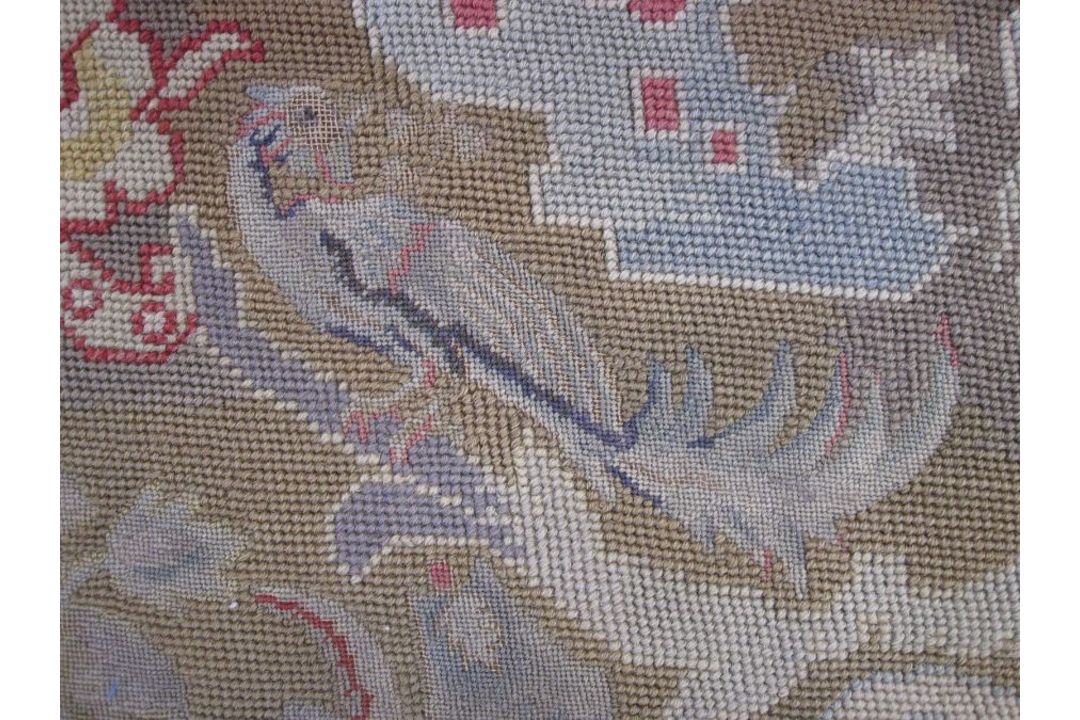 Mid-18th century antique needlepoint settee cover, depicting a noble lady and gentleman with two - Image 9 of 13