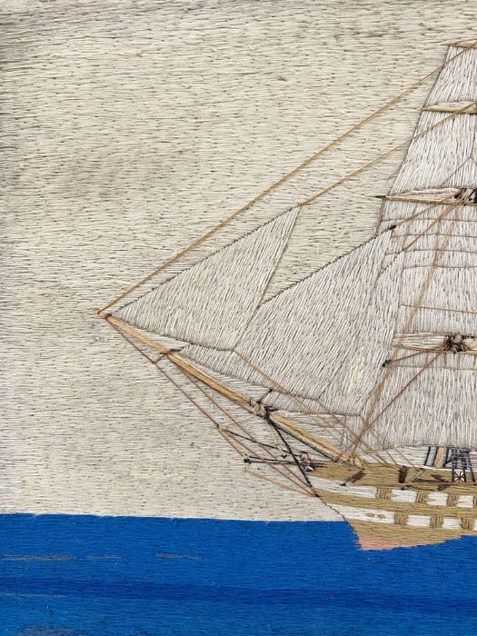 19th century mariner's woolwork picture showing a three-masted schooner in full sail, ensign - Image 6 of 9