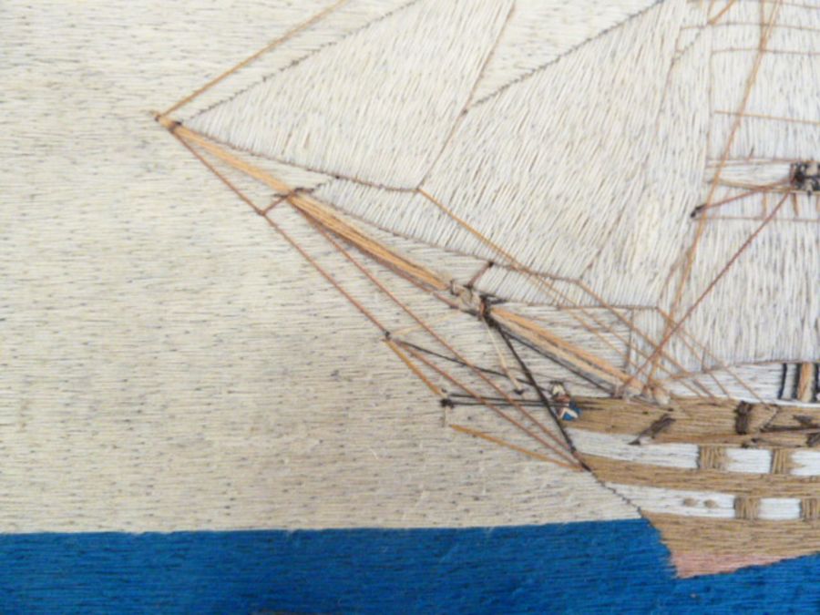 19th century mariner's woolwork picture showing a three-masted schooner in full sail, ensign - Image 4 of 9