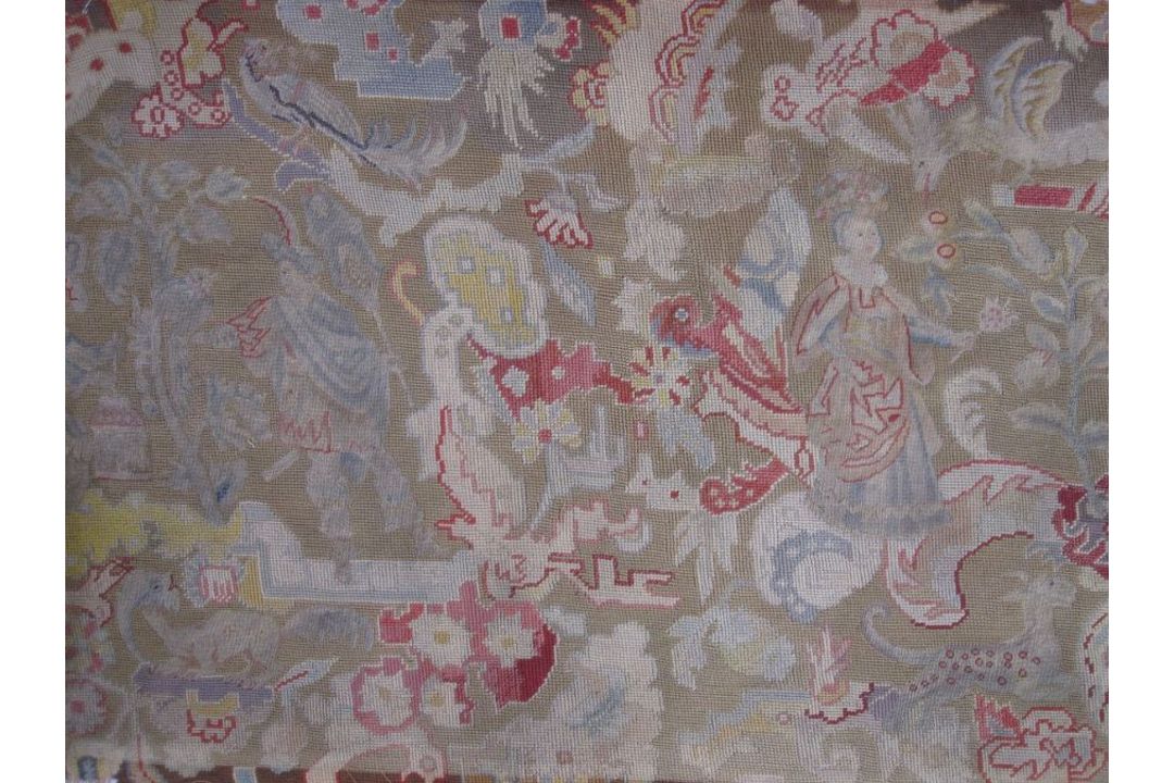 Mid-18th century antique needlepoint settee cover, depicting a noble lady and gentleman with two - Image 2 of 13