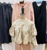 Edwardian silk printed blouse with leg o' mutton sleeves, lace detail, a black crepe dress with