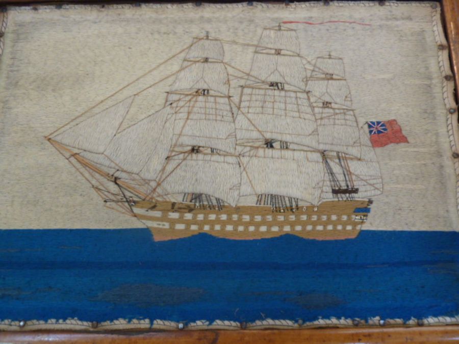 19th century mariner's woolwork picture showing a three-masted schooner in full sail, ensign - Image 2 of 9