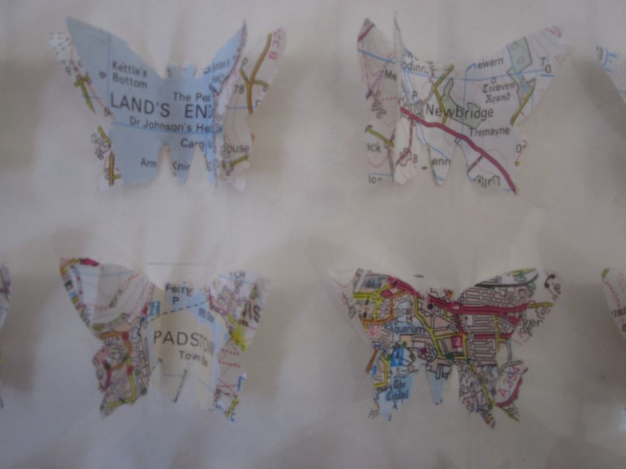 Cornish map paper cutouts in the shape of butterflies to include St. Ives, Land's End, Lizard, 29cm, - Image 3 of 3