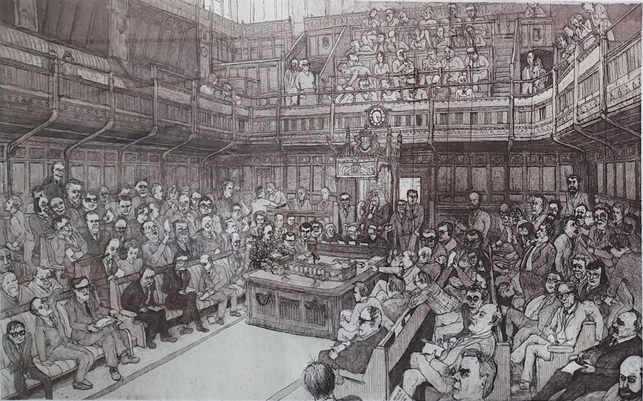 Chris Orr MBE RA (b.1943) Etching and aquatint "House of Commons", signed, titled and dated 1986,